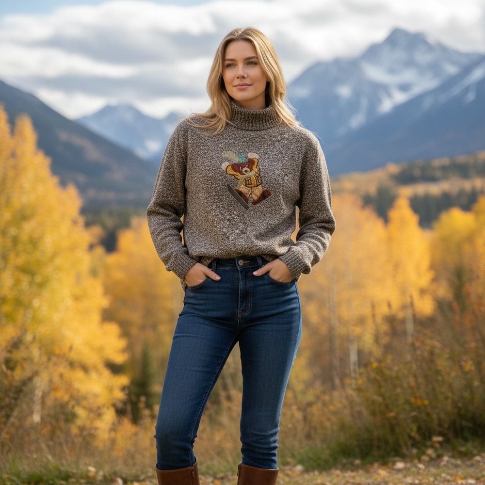 Vintage Snowboarding Bear Sweater Womens XL Brown Marled Mock Neck Ski Cozy